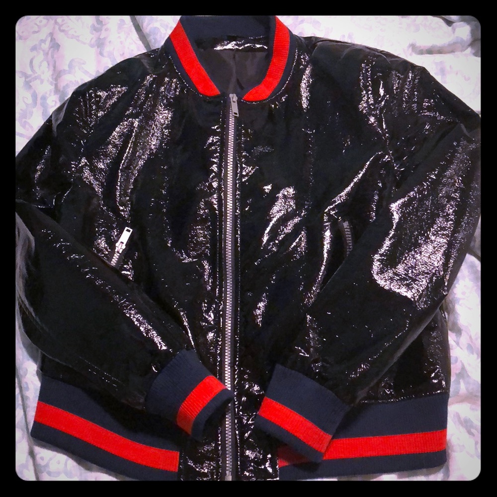 Patent Faux Leather Bomber Jacket
